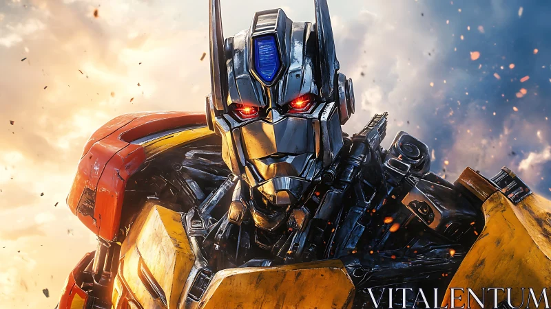 Battle-worn yellow robot warrior with glowing red eyes.