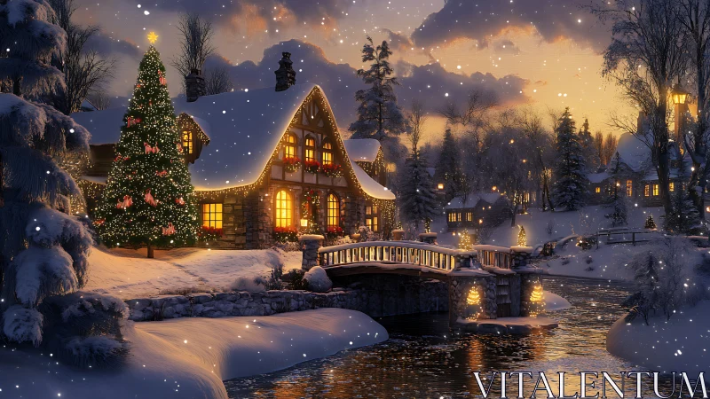Cozy Christmas cottage glowing beside a gentle snowy river.