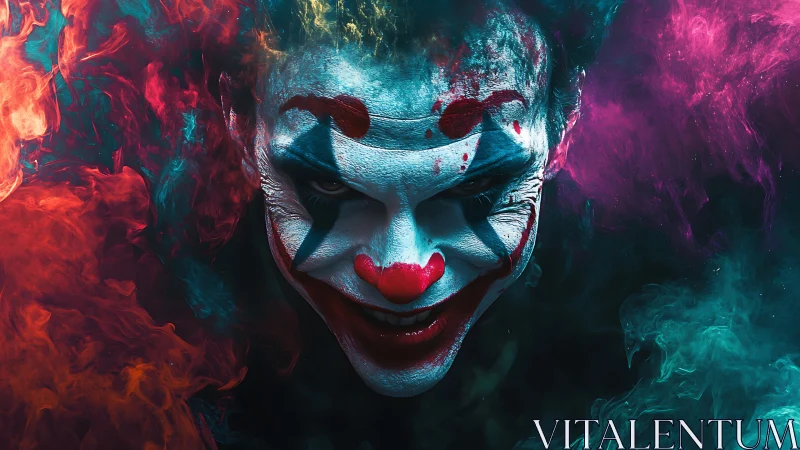 Smoldering clown portrait glows in bold neon clouds of color