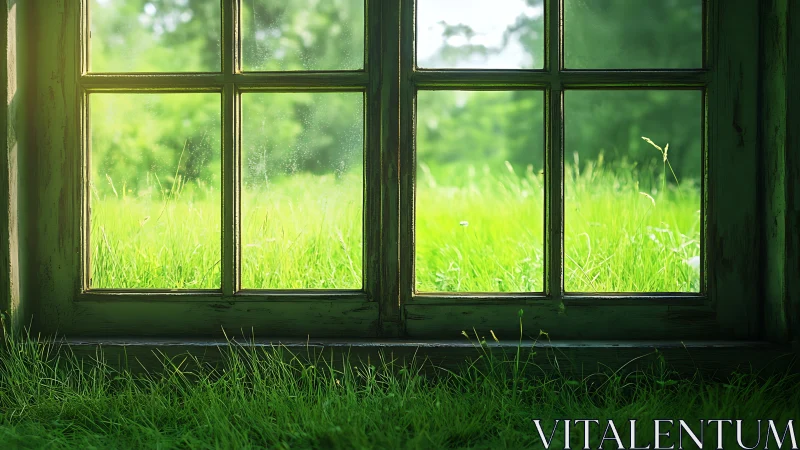 Sunlit grassland shimmers beyond an old green window frame