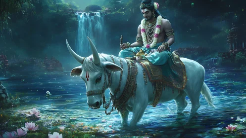 Divine rider guides sacred white bull through moonlit water.