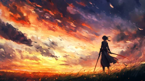 Lone swordsman faces blazing sunset sky in open field.