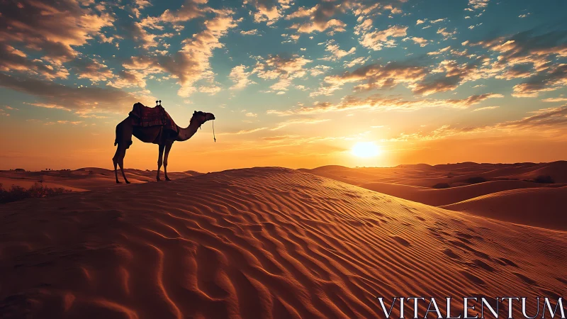 Solitary camel atop glowing desert dune at sunset.