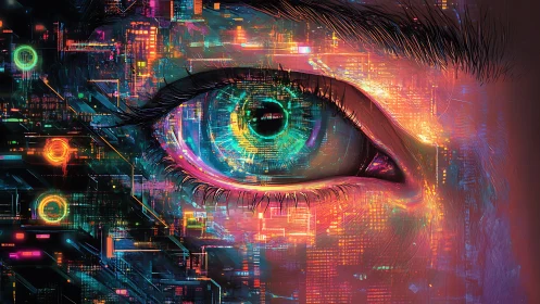 Cybernetic iris interface in neon holographic rendering.
