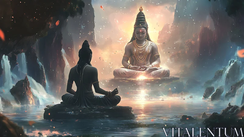 Divine yogi meditates above misty waterfalls in light.