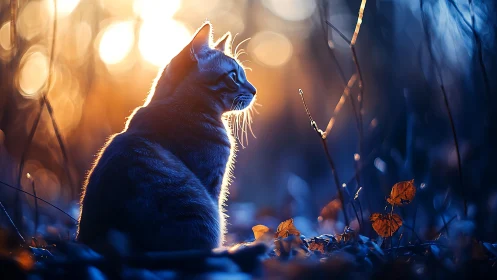Feline Subject in Golden-Hour Backlighting with Bokeh Environment.
