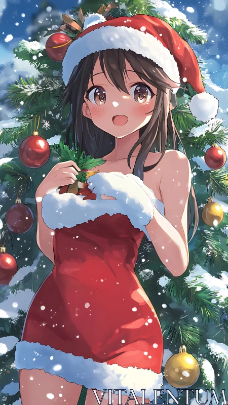 Snowlit anime Santa girl framed by playful Christmas tree.
