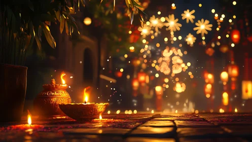 Lantern-lit festival courtyards glowing with sacred ember dreams.