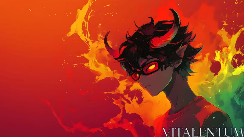 Demon-eyed anime boy framed by molten neon firestorm