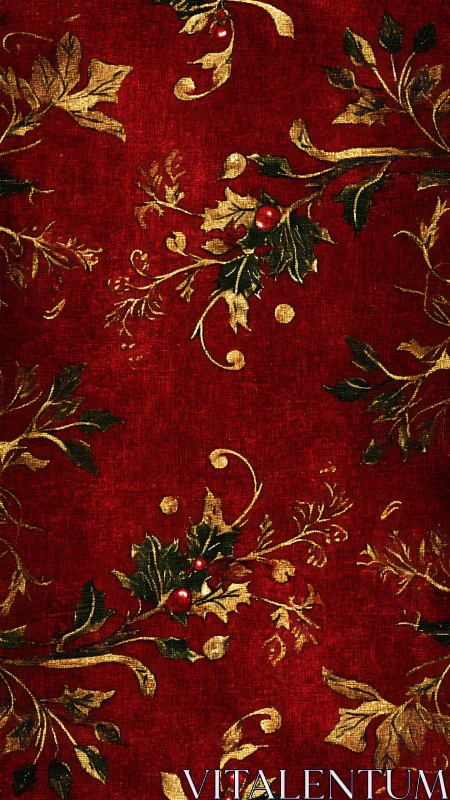 Red textile surface displays repeating gold holly foliage motif