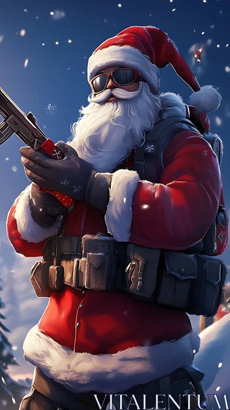 Tactical winter operator in Santa gear with combat rifle.