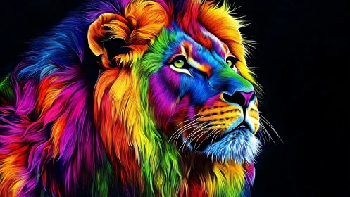 Radiant rainbow lion gazing upward in bold neon colors.