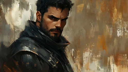 Brooding warrior portrait in textured digital painting.