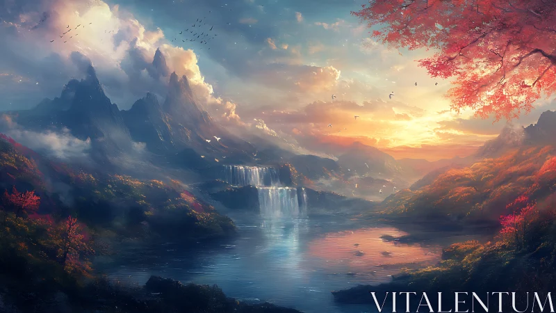 Sunset cascades over myth-tipped mountains and quiet lake.