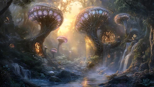 Luminescent fungal canopies in misted fantasy forest basin.