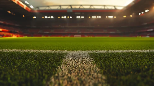 Soccer pitch touchline close-up in large modern stadium.