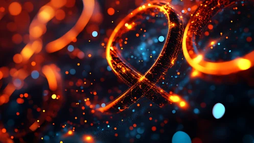 Glowing orange loops with particle field on dark background.