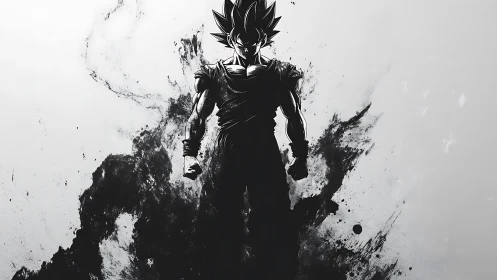 Silhouetted spiky haired fighter in monochrome ink burst.
