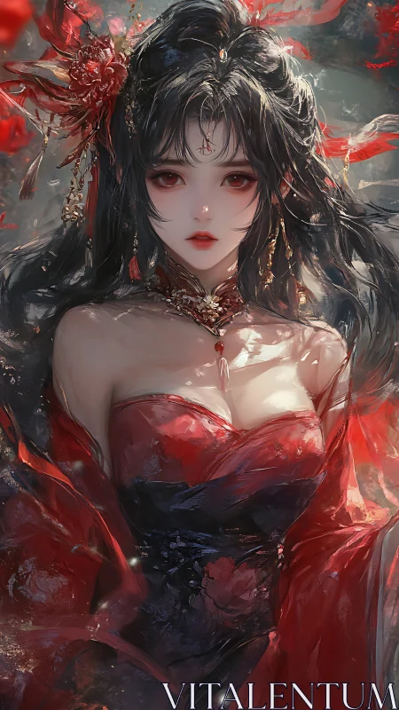 Scarlet fantasy empress in flowing ceremonial silk portrait