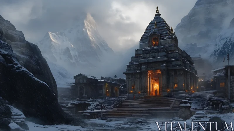 Winter temple glow beneath towering, misty mountain peaks.