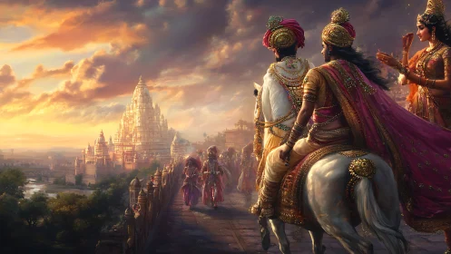 Sunlit royal procession crossing to the gilded temple city.