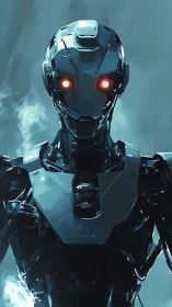 Cold combat android stares forward with glowing red eyes