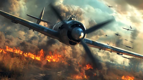 Wartime fighter plane dives over burning battlefield skies.