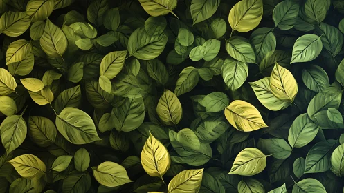 Verdant foliage pattern drifts across deep shadowed greens.