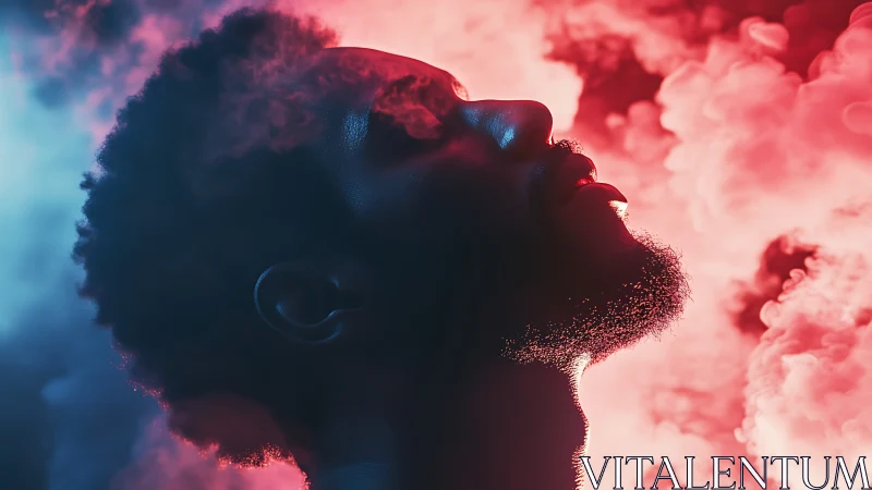 Silhouetted dreamer rising through neon clouds of color.