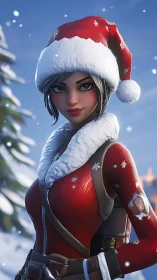 Digital winter character in red outfit and Santa hat.