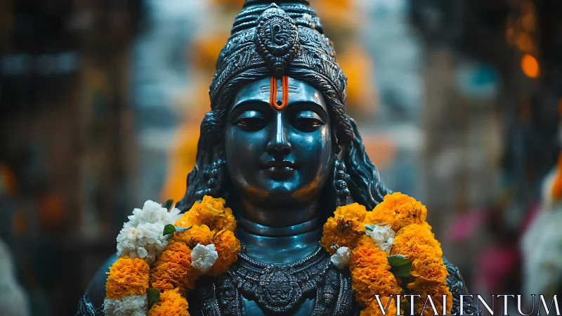 Serene Hindu deity statue adorned with marigold garlands.