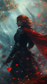 Fiery haired warrior pausing in a storm of drifting embers.