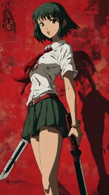 Battle-hardened schoolgirl stands poised with bloodied blades.