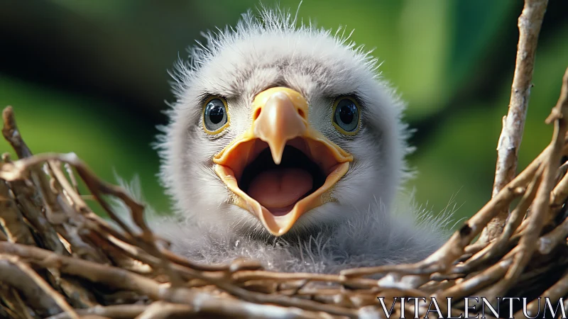 Fluffy baby bird with open beak in nest, vibrant nature photo.