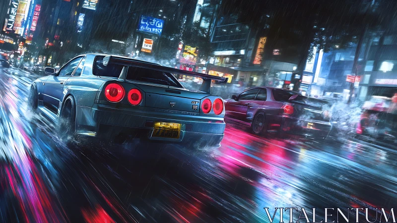 Midnight street racers chase neon reflections through city rain