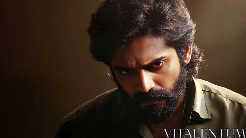 Bearded man stares intensely at camera in low key light