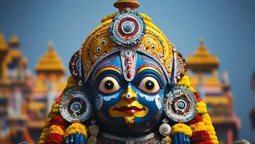 Vibrant blue deity idol radiates festive spiritual energy