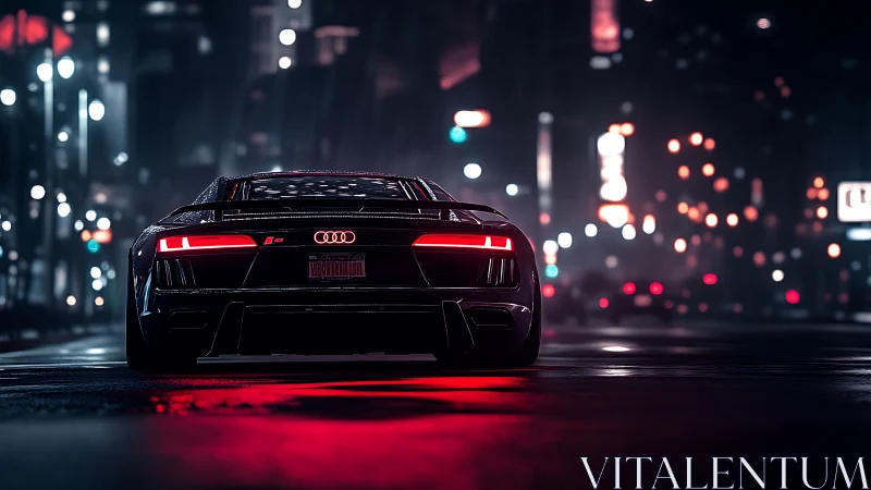 Rear view high-performance coupe in neon-lit wet city street