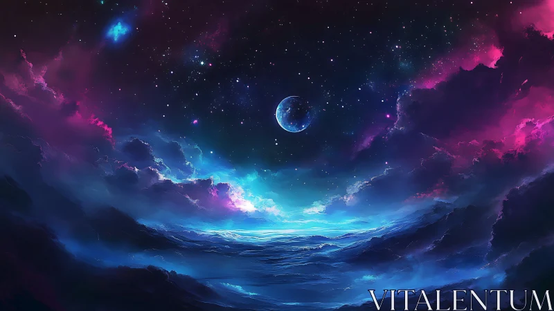 Cosmic ocean glows under a dreamy starlit sky and distant moon