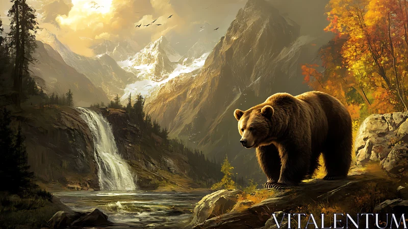 Autumn sentinel bear beside waterfall in glowing alpine wilds.