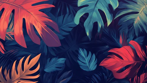 Luminous tropical foliage on deep midnight jungle backdrop.