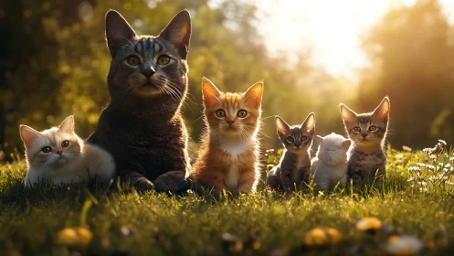 Cat family group arranged in outdoor grass setting with varied sizes.