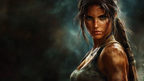 Battle-scarred jungle raider framed by stormy shadows.