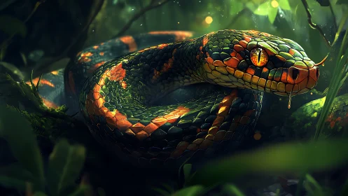 Coiled multicolored snake rendered in dense forest setting.