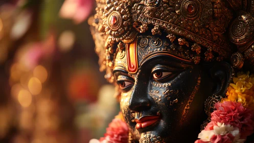 Gilded deity statue close-up with floral garlands in focus.