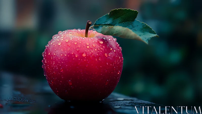 Red apple with dew drops against dark blurred background.