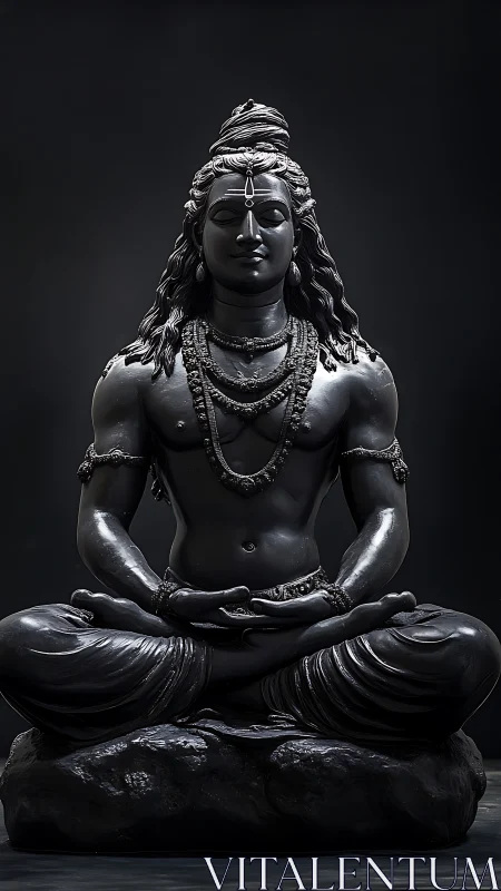 Black stone meditative deity statue centered against dark background