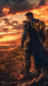 Armored warrior surveys a burning valley at blazing sunset.
