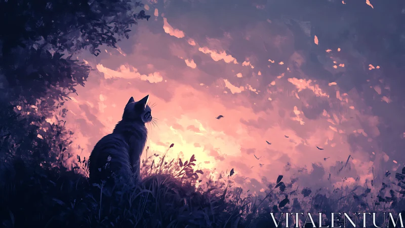 Solitary cat observes a luminous dusk sky in painterly silhouette