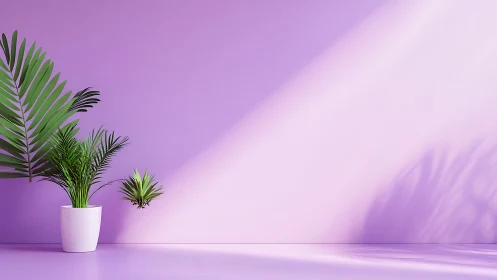 Minimalist houseplants rest in soft purple sunlight glow.